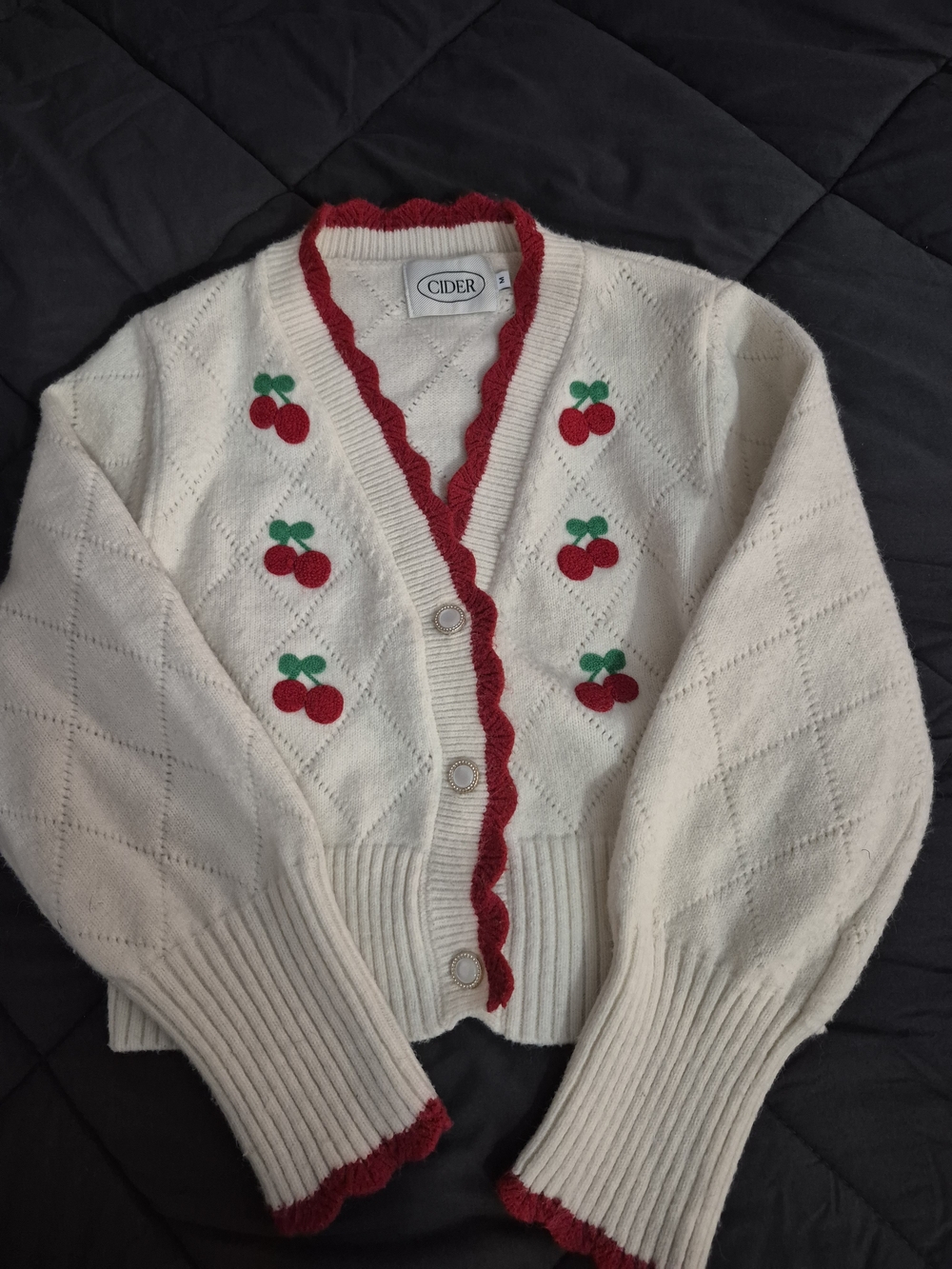 Cider Cream Knit Cardigan with Red Cherry Embroidery